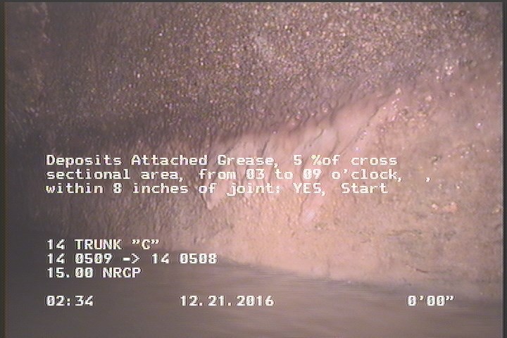 Deposits Attached Grease, 5 %of cross sectional area, from 03 to 09 o'clock, , within 8 inches of joint: YES, Start