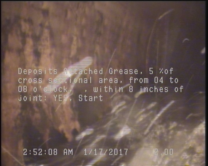 Deposits Attached Grease, 5 %of cross sectional area, from 04 to 08 o'clock, , within 8 inches of joint: YES, Start