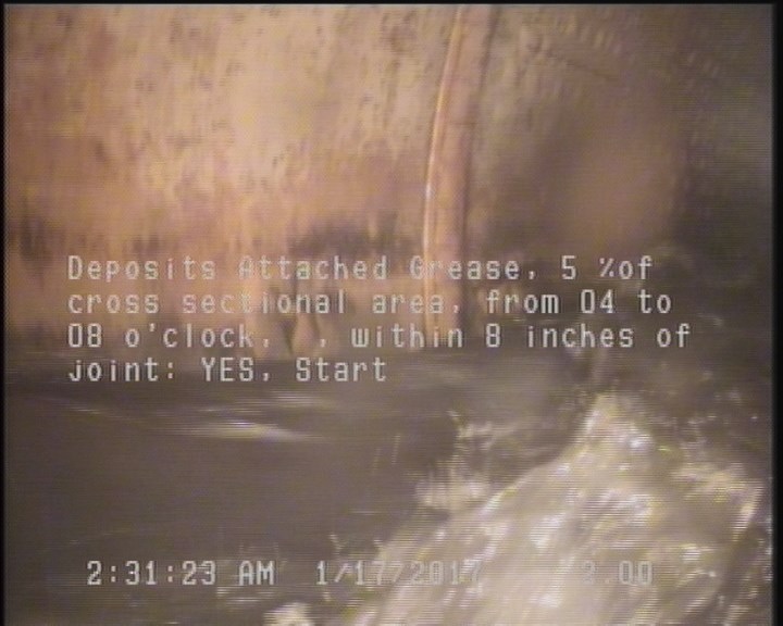 Deposits Attached Grease, 5 %of cross sectional area, from 04 to 08 o'clock, , within 8 inches of joint: YES, Start