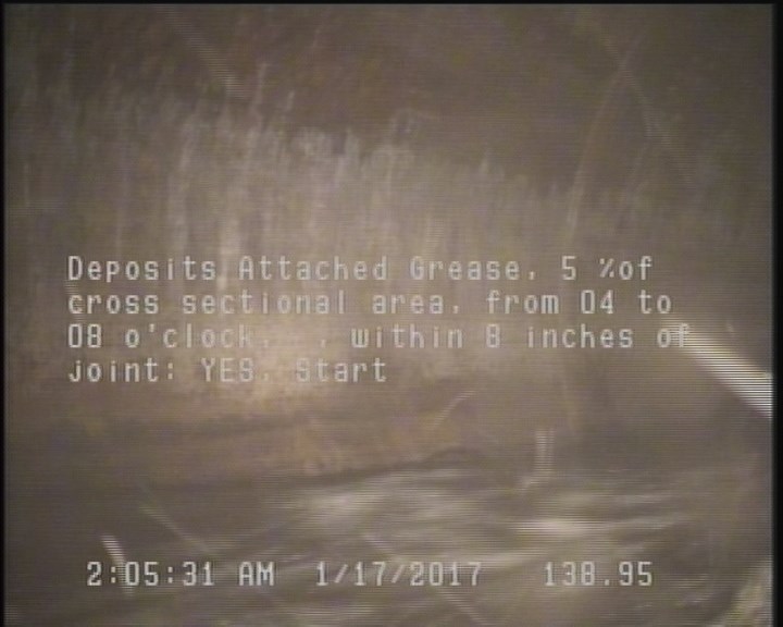 Deposits Attached Grease, 5 %of cross sectional area, from 04 to 08 o'clock, , within 8 inches of joint: YES, Start