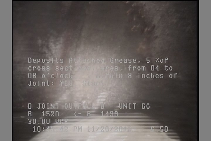 Deposits Attached Grease, 5 %of cross sectional area, from 04 to 08 o'clock, , within 8 inches of joint: YES, Start