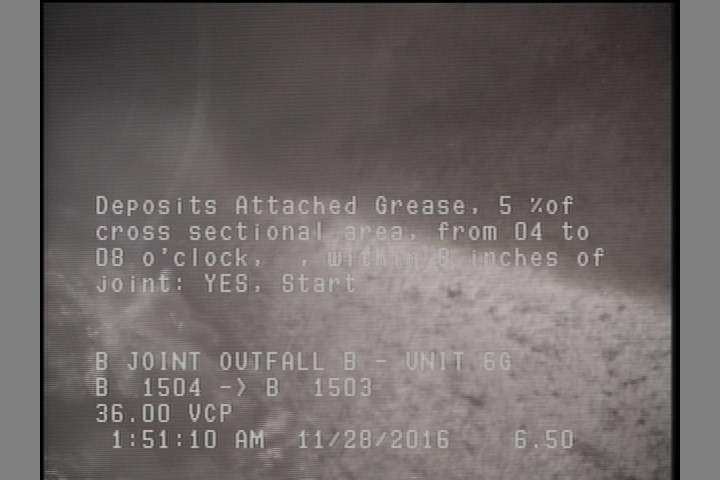 Deposits Attached Grease, 5 %of cross sectional area, from 04 to 08 o'clock, , within 8 inches of joint: YES, Start