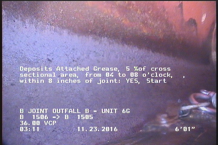 Deposits Attached Grease, 5 %of cross sectional area, from 04 to 08 o'clock, , within 8 inches of joint: YES, Start