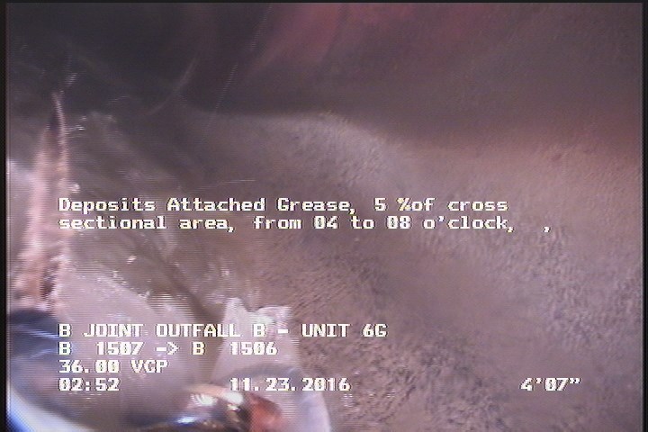 Deposits Attached Grease, 5 %of cross sectional area, from 04 to 08 o'clock, , within 8 inches of joint: YES, Start