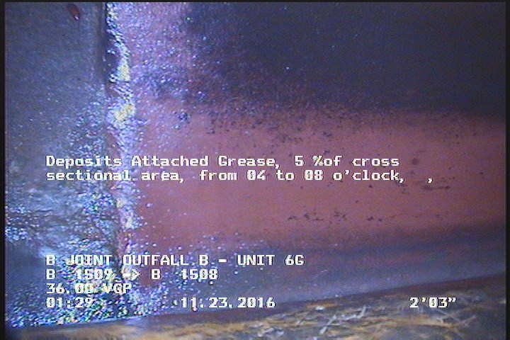 Deposits Attached Grease, 5 %of cross sectional area, from 04 to 08 o'clock, , within 8 inches of joint: YES, Start