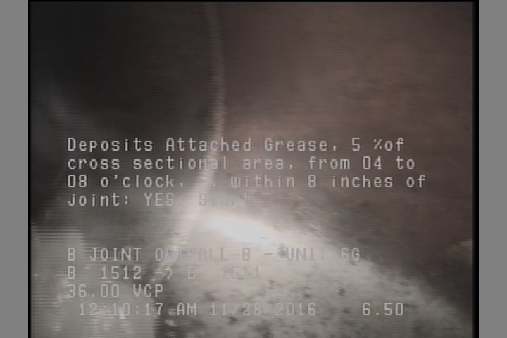 Deposits Attached Grease, 5 %of cross sectional area, from 04 to 08 o'clock, , within 8 inches of joint: YES, Start