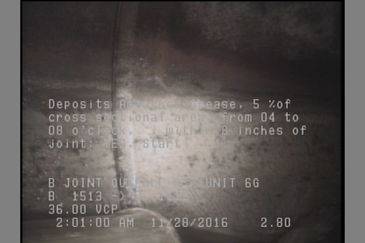 Deposits Attached Grease, 5 %of cross sectional area, from 04 to 08 o'clock, , within 8 inches of joint: YES, Start