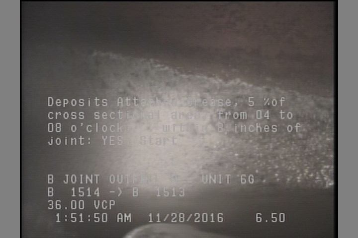 Deposits Attached Grease, 5 %of cross sectional area, from 04 to 08 o'clock, , within 8 inches of joint: YES, Start