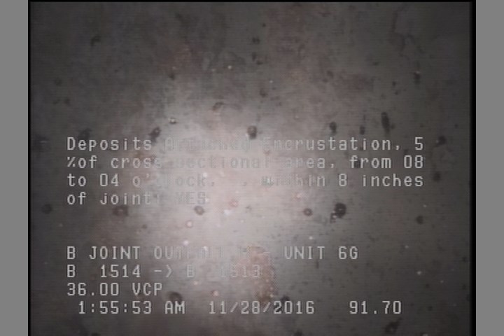 Deposits Attached Encrustation, 5 %of cross sectional area, from 08 to 04 o'clock, , within 8 inches of joint: YES, Start