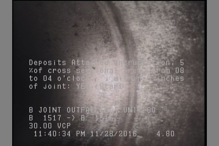 Deposits Attached Encrustation, 5 %of cross sectional area, from 08 to 04 o'clock, , within 8 inches of joint: YES, Start