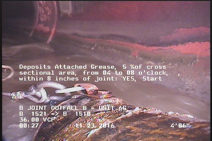 Deposits Attached Grease, 5 %of cross sectional area, from 04 to 08 o'clock, , within 8 inches of joint: YES, Start