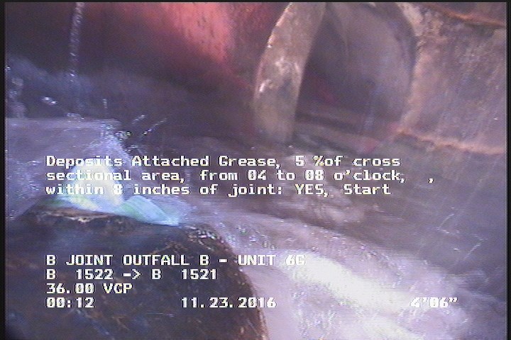 Deposits Attached Grease, 5 %of cross sectional area, from 04 to 08 o'clock, , within 8 inches of joint: YES, Start