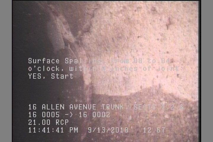 Surface Spalling, from 08 to 04 o'clock, within 8 inches of joint: YES, Start