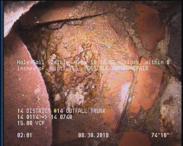 Hole Soil Visible, from 10 to 02 o'clock, within 8 inches of joint: YES - POSSIBLE PATCH/REPAIR