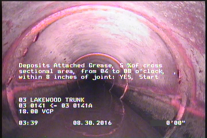 Deposits Attached Grease, 5 %of cross sectional area, from 04 to 08 o'clock, , within 8 inches of joint: YES, Start