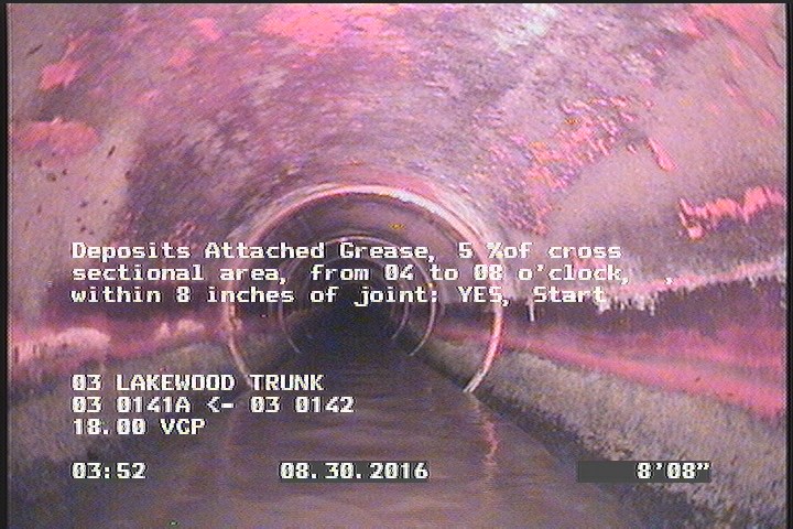 Deposits Attached Grease, 5 %of cross sectional area, from 04 to 08 o'clock, , within 8 inches of joint: YES, Start