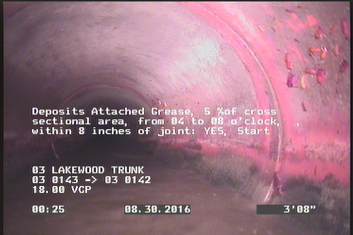 Deposits Attached Grease, 5 %of cross sectional area, from 04 to 08 o'clock, , within 8 inches of joint: YES, Start