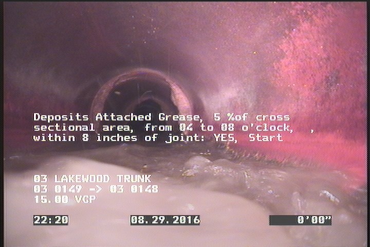 Deposits Attached Grease, 5 %of cross sectional area, from 04 to 08 o'clock, , within 8 inches of joint: YES, Start
