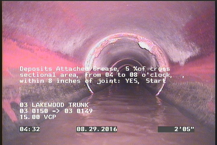 Deposits Attached Grease, 5 %of cross sectional area, from 04 to 08 o'clock, , within 8 inches of joint: YES, Start