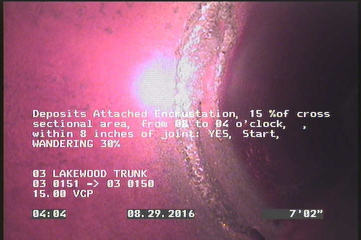 Deposits Attached Encrustation, 15 %of cross sectional area, from 08 to 04 o'clock, , within 8 inches of joint: YES, Start - WANDERING 30%
