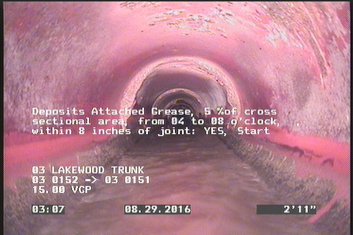 Deposits Attached Grease, 5 %of cross sectional area, from 04 to 08 o'clock, , within 8 inches of joint: YES, Start