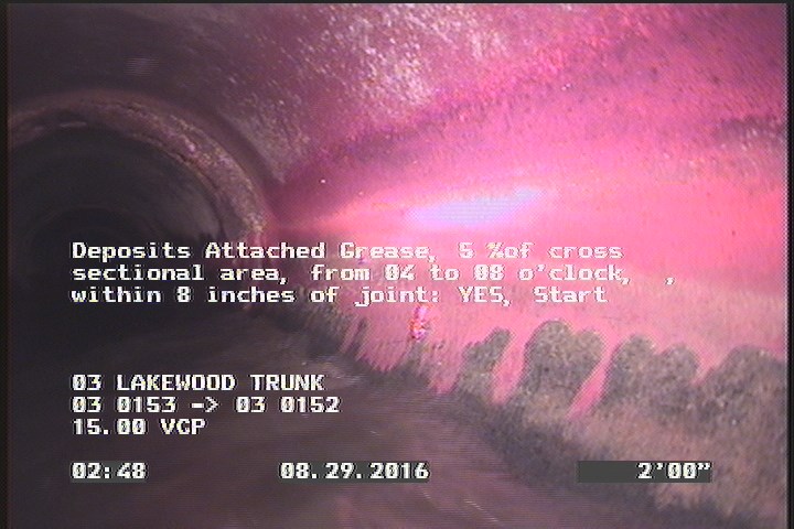 Deposits Attached Grease, 5 %of cross sectional area, from 04 to 08 o'clock, , within 8 inches of joint: YES, Start