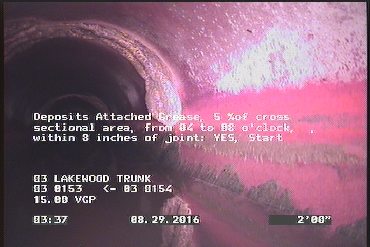 Deposits Attached Grease, 5 %of cross sectional area, from 04 to 08 o'clock, , within 8 inches of joint: YES, Start