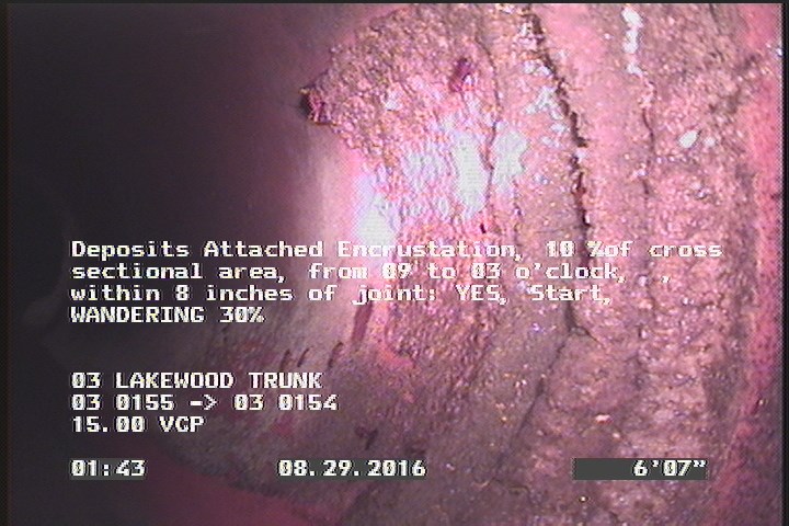 Deposits Attached Encrustation, 10 %of cross sectional area, from 09 to 03 o'clock, , within 8 inches of joint: YES, Start - WANDERING 30%