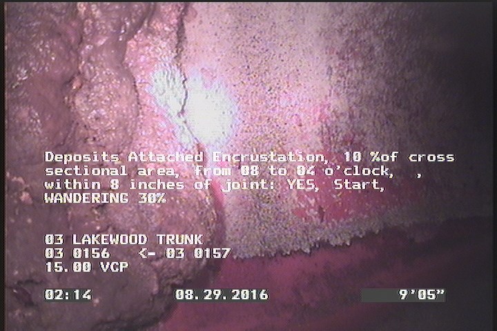 Deposits Attached Encrustation, 10 %of cross sectional area, from 08 to 04 o'clock, , within 8 inches of joint: YES, Start - WANDERING 30%
