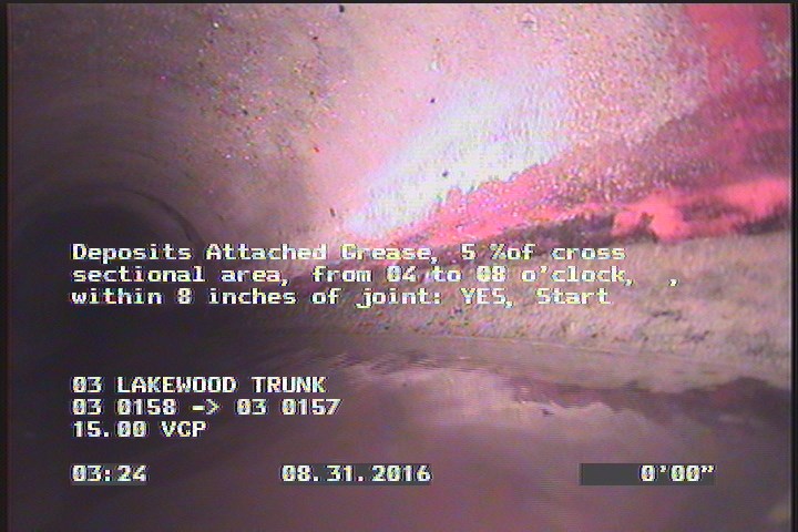 Deposits Attached Grease, 5 %of cross sectional area, from 04 to 08 o'clock, , within 8 inches of joint: YES, Start