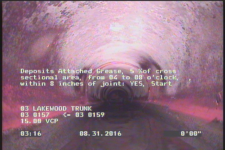 Deposits Attached Grease, 5 %of cross sectional area, from 04 to 08 o'clock, , within 8 inches of joint: YES, Start