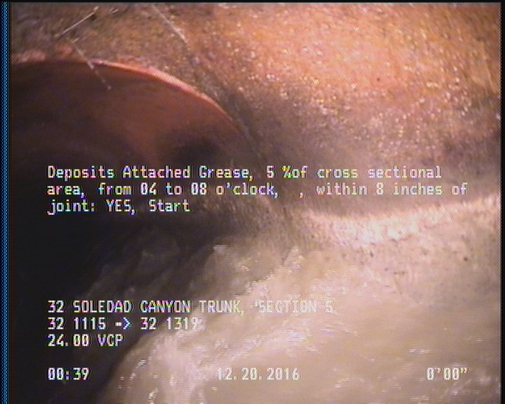 Deposits Attached Grease, 5 %of cross sectional area, from 04 to 08 o'clock, , within 8 inches of joint: YES, Start
