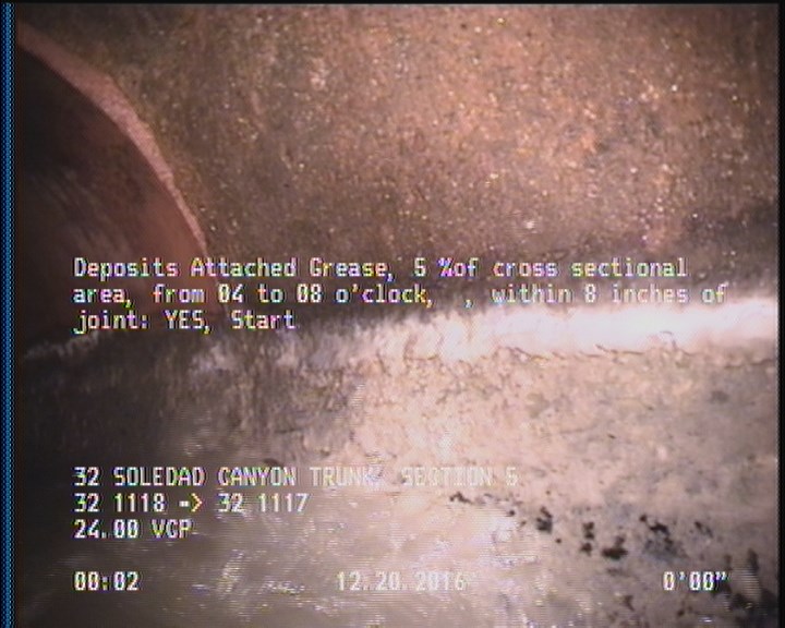 Deposits Attached Grease, 5 %of cross sectional area, from 04 to 08 o'clock, , within 8 inches of joint: YES, Start