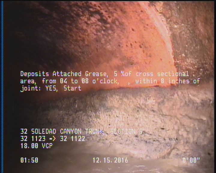 Deposits Attached Grease, 5 %of cross sectional area, from 04 to 08 o'clock, , within 8 inches of joint: YES, Start
