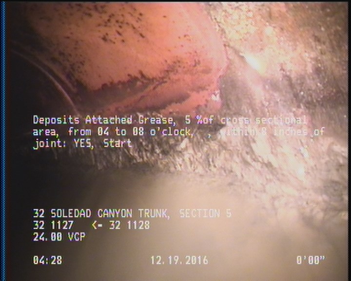 Deposits Attached Grease, 5 %of cross sectional area, from 04 to 08 o'clock, , within 8 inches of joint: YES, Start