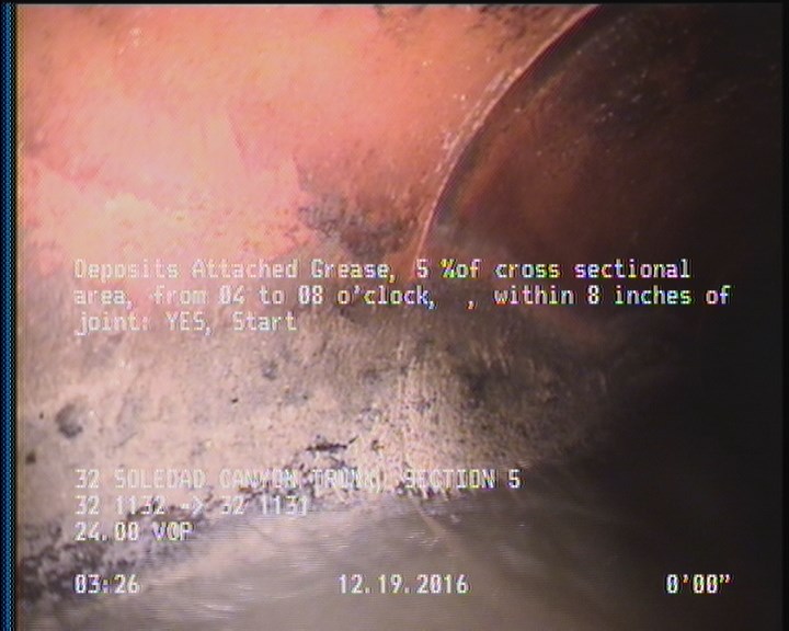 Deposits Attached Grease, 5 %of cross sectional area, from 04 to 08 o'clock, , within 8 inches of joint: YES, Start
