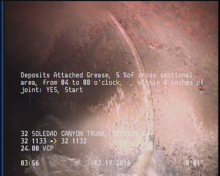 Deposits Attached Grease, 5 %of cross sectional area, from 04 to 08 o'clock, , within 8 inches of joint: YES, Start