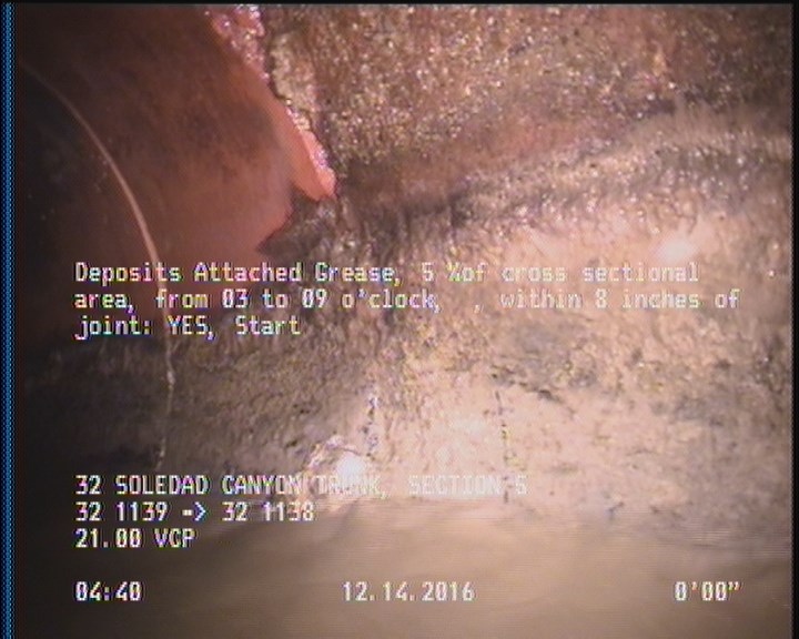 Deposits Attached Grease, 5 %of cross sectional area, from 03 to 09 o'clock, , within 8 inches of joint: YES, Start
