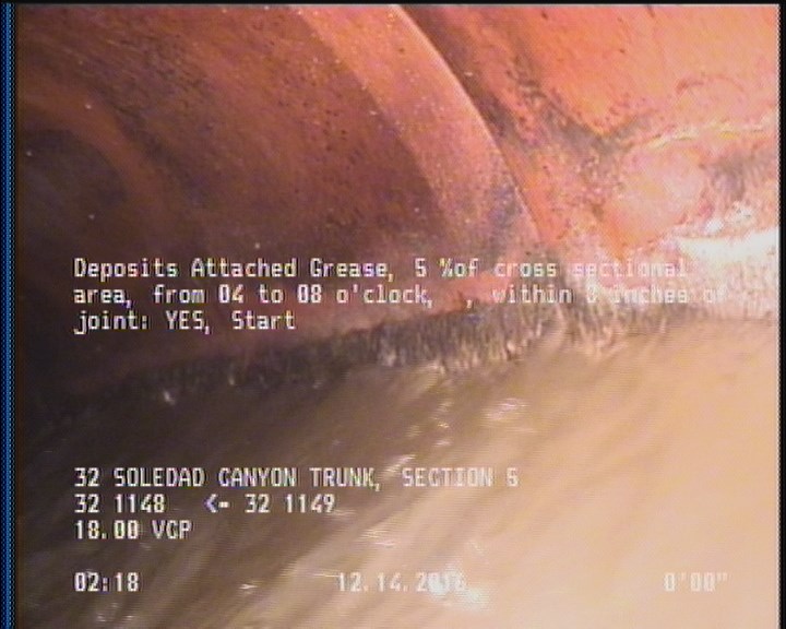 Deposits Attached Grease, 5 %of cross sectional area, from 04 to 08 o'clock, , within 8 inches of joint: YES, Start