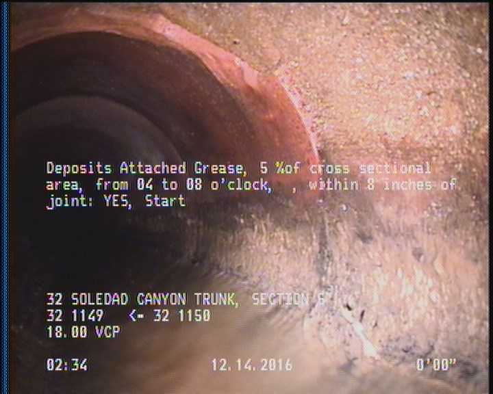 Deposits Attached Grease, 5 %of cross sectional area, from 04 to 08 o'clock, , within 8 inches of joint: YES, Start