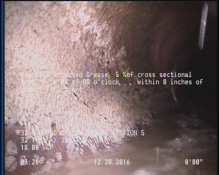 Deposits Attached Grease, 5 %of cross sectional area, from 04 to 08 o'clock, , within 8 inches of joint: YES, Start