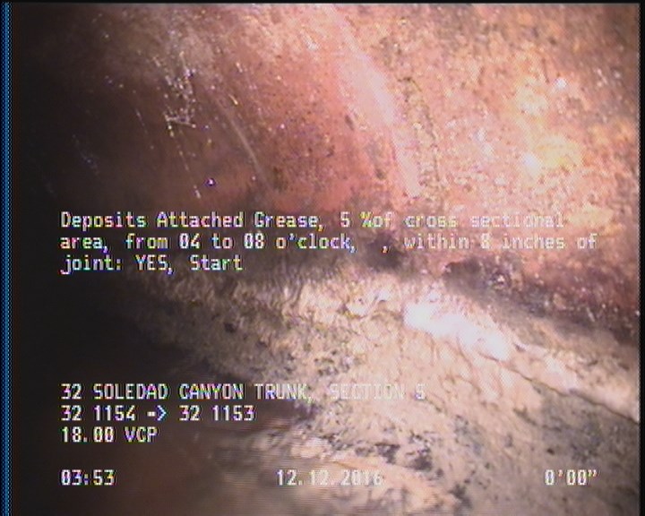 Deposits Attached Grease, 5 %of cross sectional area, from 04 to 08 o'clock, , within 8 inches of joint: YES, Start