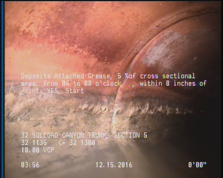 Deposits Attached Grease, 5 %of cross sectional area, from 04 to 08 o'clock, , within 8 inches of joint: YES, Start
