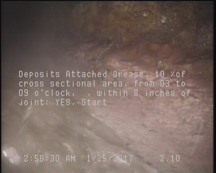 Deposits Attached Grease, 10 %of cross sectional area, from 03 to 09 o'clock, , within 8 inches of joint: YES, Start