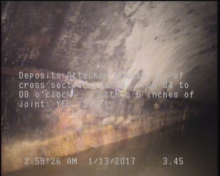 Deposits Attached Grease, 5 %of cross sectional area, from 04 to 08 o'clock, , within 8 inches of joint: YES, Start