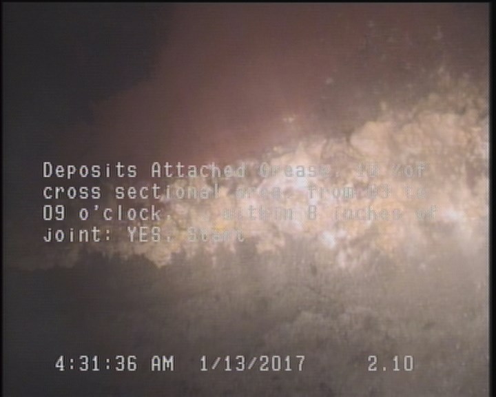 Deposits Attached Grease, 10 %of cross sectional area, from 03 to 09 o'clock, , within 8 inches of joint: YES, Start