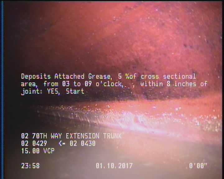 Deposits Attached Grease, 5 %of cross sectional area, from 03 to 09 o'clock, , within 8 inches of joint: YES, Start