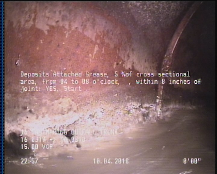 Deposits Attached Grease, 5 %of cross sectional area, from 04 to 08 o'clock, , within 8 inches of joint: YES, Start