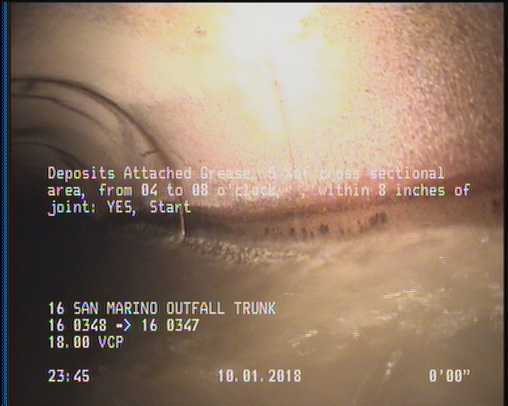 Deposits Attached Grease, 5 %of cross sectional area, from 04 to 08 o'clock, , within 8 inches of joint: YES, Start