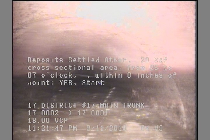 Deposits Settled Other, 20 %of cross sectional area, from 05 to 07 o'clock, , within 8 inches of joint: YES, Start